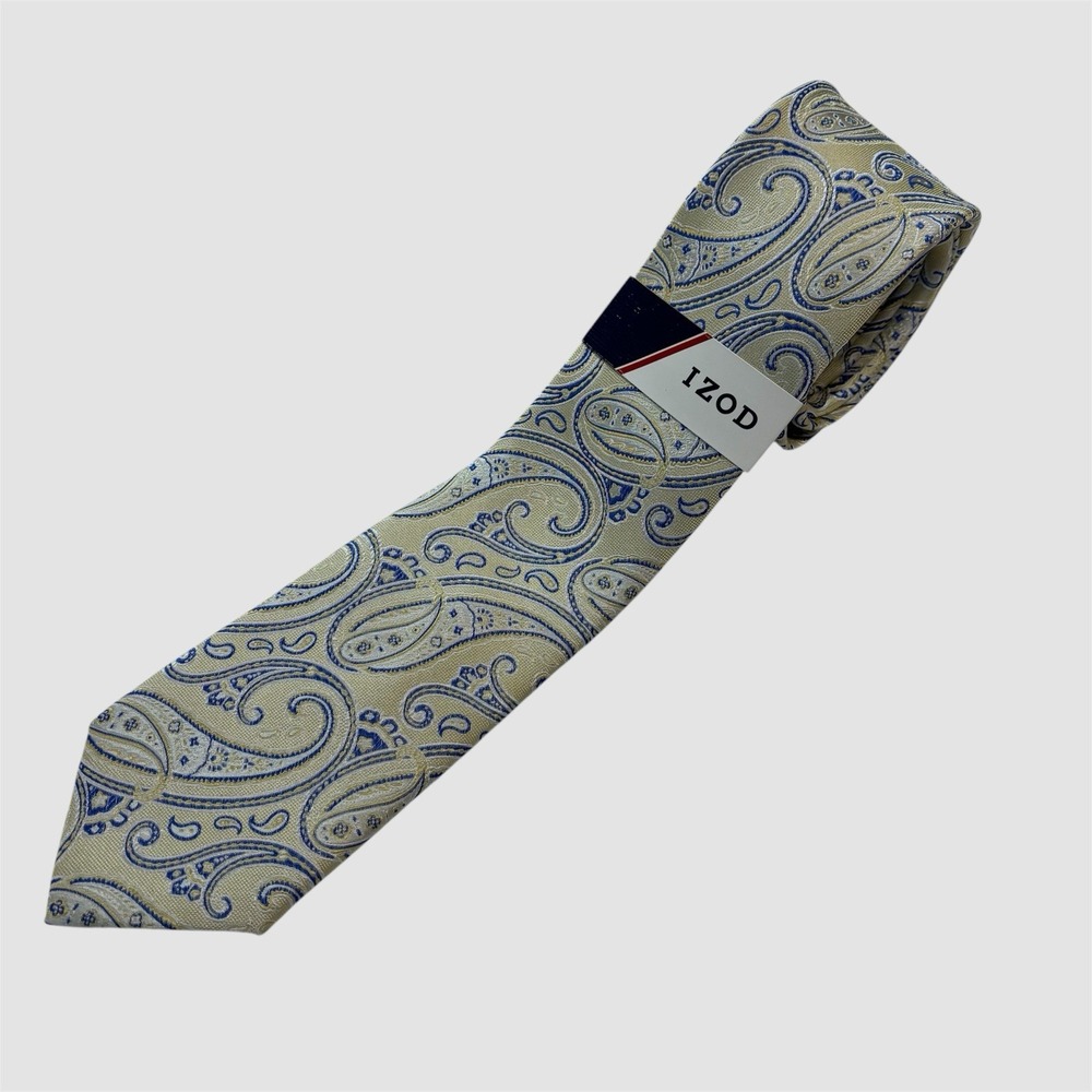 NEW Izod Tie Polk Paisley 100% Silk Light Gold Blue White